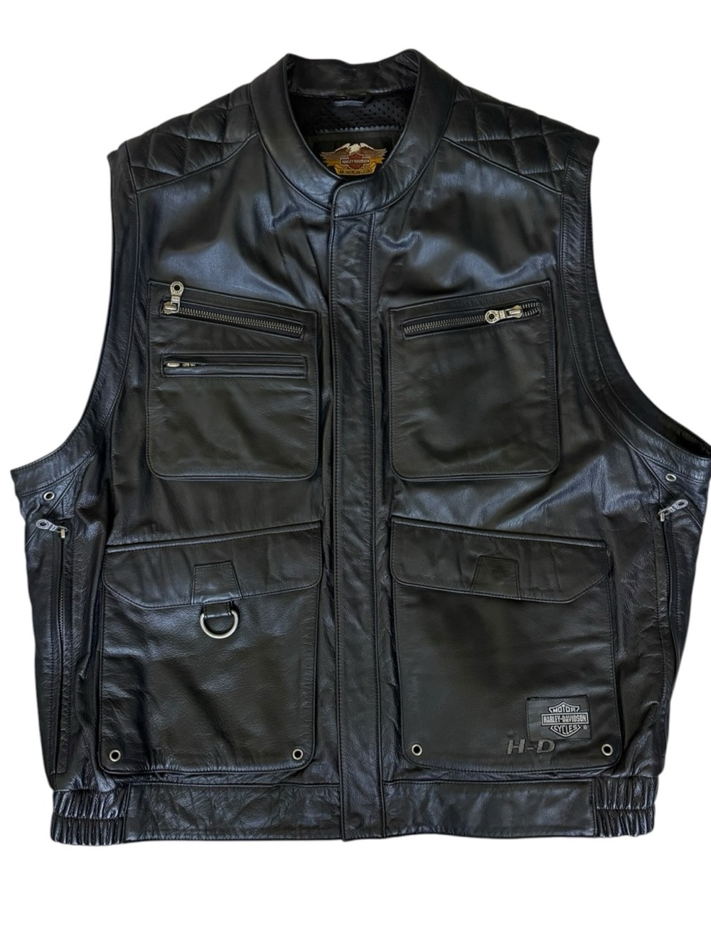Harley Davidson 2XL Genuine Leather Motorcycle Utility Vest Black Biker Moto